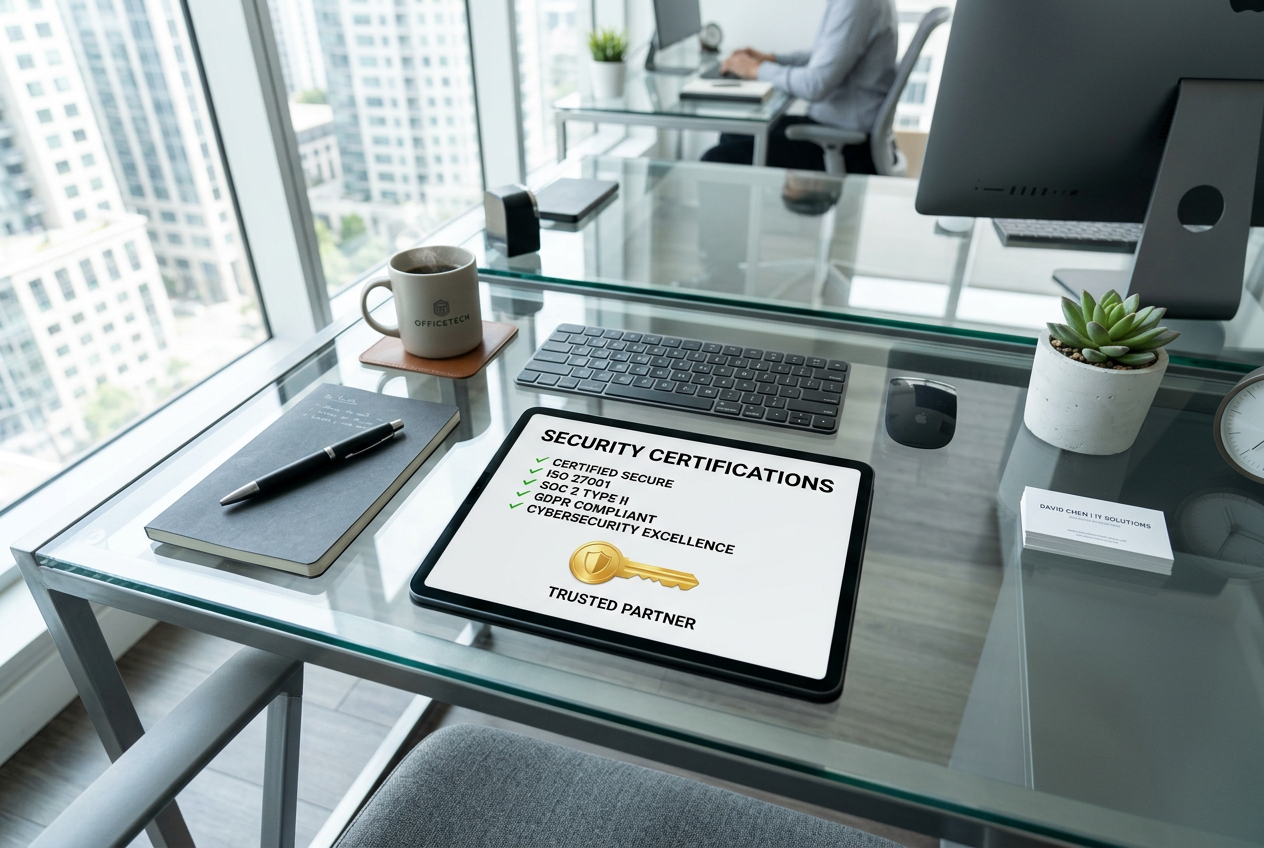 A glass desk with a tablet showing security icons and certificates.
