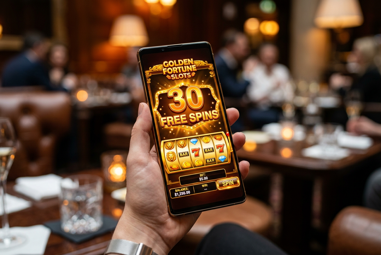A luxury smartphone displaying a slot machine game with 30 free spins.