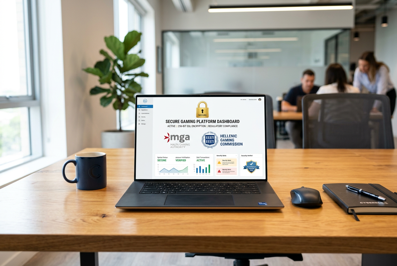 A digital representation of security and official licenses for online gambling.