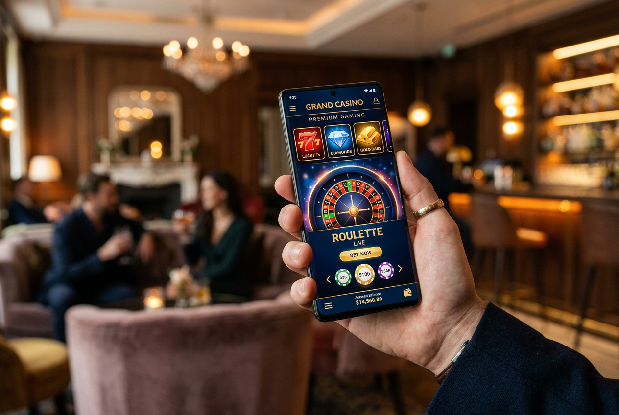 A modern smartphone displaying a sophisticated online casino interface with slot machines and table games.